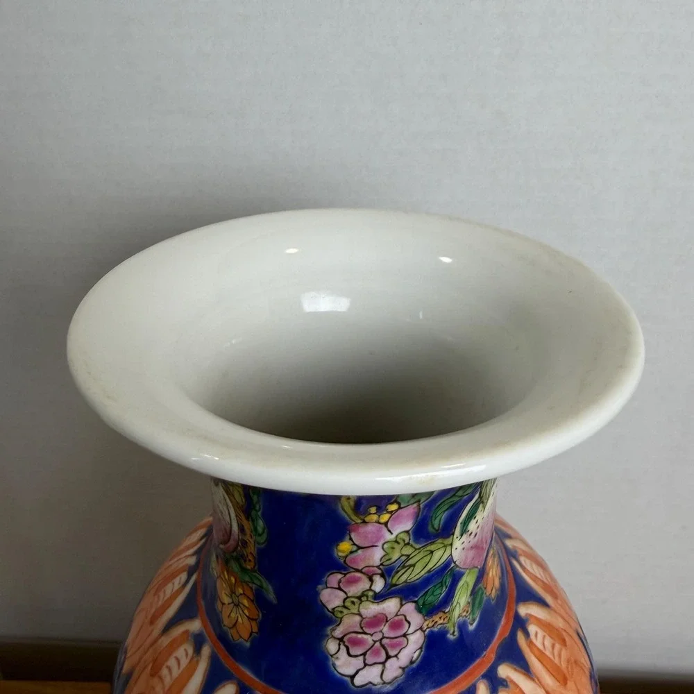Chinese Vase Famille Rose Floral Cobalt Blue Qianlong Style Chinoiserie